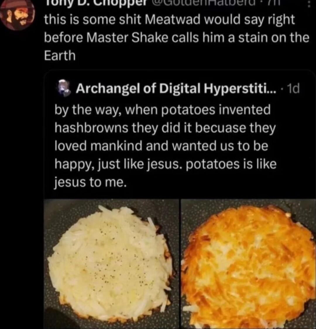 TN S ST ML G AL TRy e S A this is some shit Meatwad would say right LEGIEIVEN CISHELCEE BN ER E TR G Earth Archangel of Digital Hyperstiti 1d by the way when potatoes invented hashbrowns they did it becuase they loved mankind and wanted us to be happy just like jesus potatoes is like JESTER R IoN