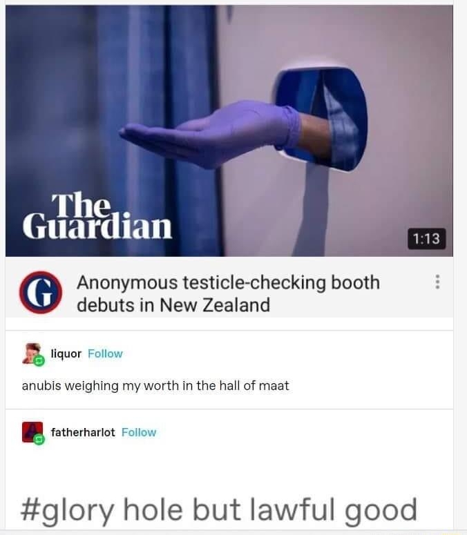 bacco malato deactivated2020080 The Guardian Anonymous testicle checking booth debuts in New Zealand B tauor oo anubis weighing my worth in the hall of maat R glory hole but lawful good