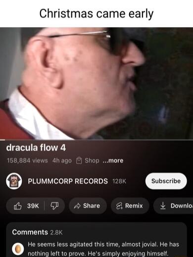 Christmas came early 84 views 4h ago hop more PLUMMCORP RECORDS 128K b 39K G Hshare Remix Downlo Comments 2 8k o He seems less agitated this time almost jovial He has nothing left to prove Hes simply enjoying himself