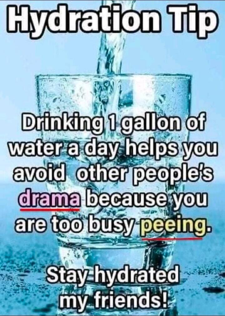 Hydration Tip. Drinking 1 gallon of water a day helps you avoid other people's drama because you are too busy peeing. Stay hydrated my friends!