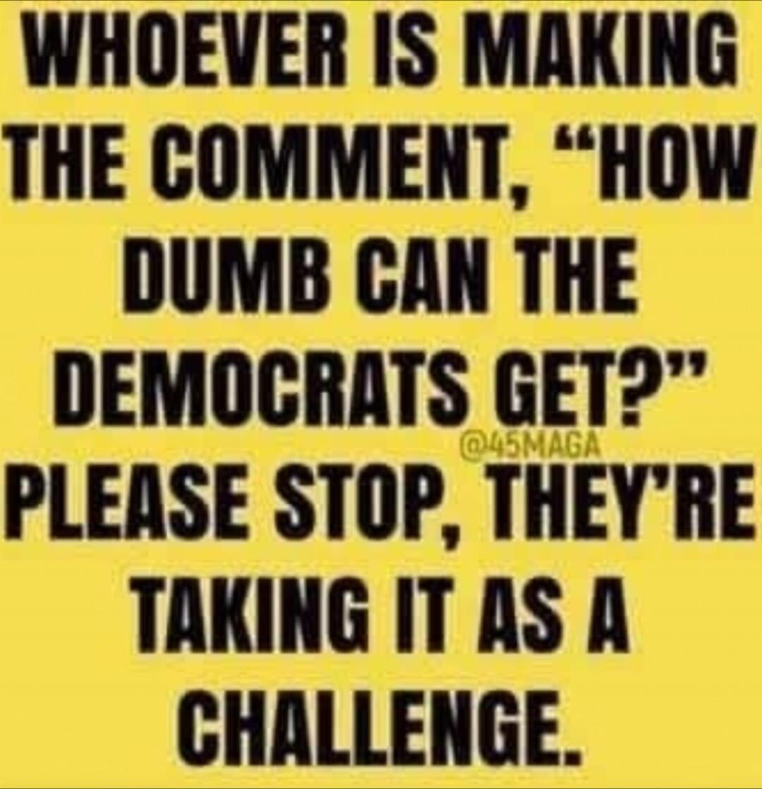 WHOEVER IS MAKING THE COMMENT, “HOW DUMB CAN THE DEMOCRATS GET?” PLEASE STOP, THEY'RE TAKING IT AS A CHALLENGE.