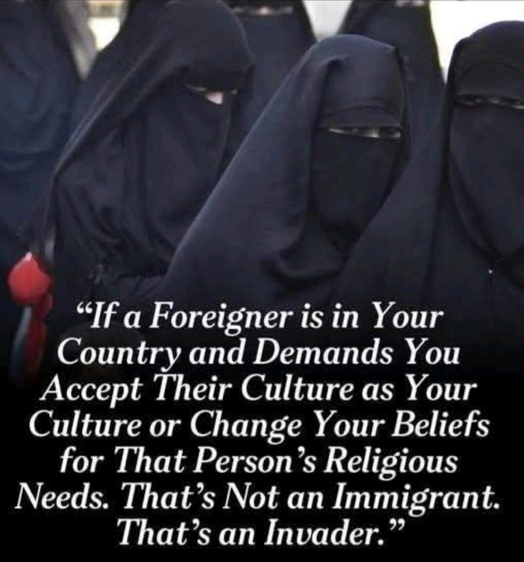 If a Foreigner is in Your Country and Demands You Accept Their Culture as Your Culture or Change Your Beliefs for That Person's Religious Needs. That's Not an Immigrant. That's an Invader.