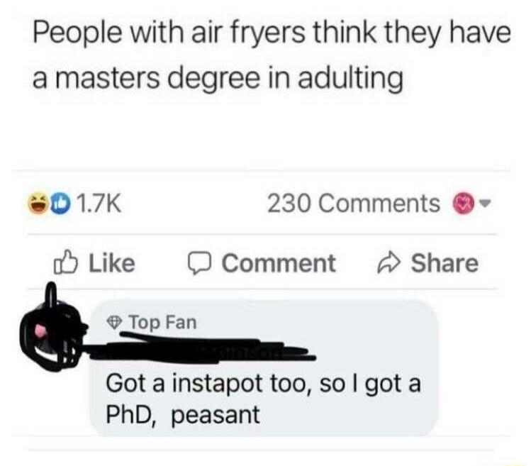 People with air fryers think they have a masters degree in adulting 017K 230 Comments o Like Comment Share 9_Top Fan Got a instapot too so got a PhD peasant