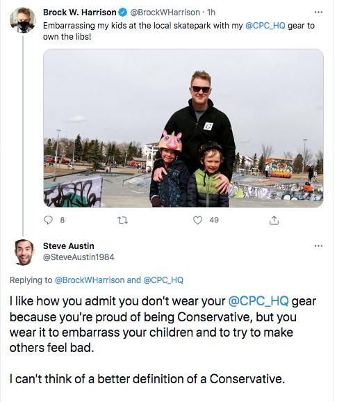 Embarrassing my kids at the local skatepark with my GCPC_HO gear to own the lips a Brock W Harrison BrockWHarrison 1h Steve Austin SteveAustini984 Replying to BrockWHarrison and CPC_HQ I like how you admit you dont wear your CPC_HQ gear because youre proud of being Conservative but you wear it to embarrass your children and to try to make others feel bad I cant think of a better definition of a Co