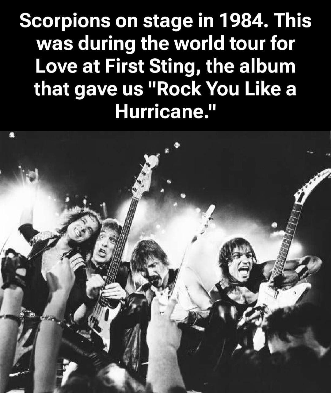 Scorpions on stage in 1984. This was during the world tour for Love at First Sting, the album that gave us 'Rock You Like a Hurricane.'