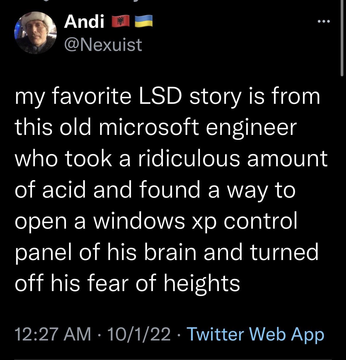 X Andi m IS AN IICH S DES el VAR eIy this old microsoft engineer who took a ridiculous amount oif Telle RToTo R olUle I RVZVA o o IS IR Tle l WP YeXelelalie panel of his brain and turned off his fear of heights 1227 AM 10122 Twitter Web App