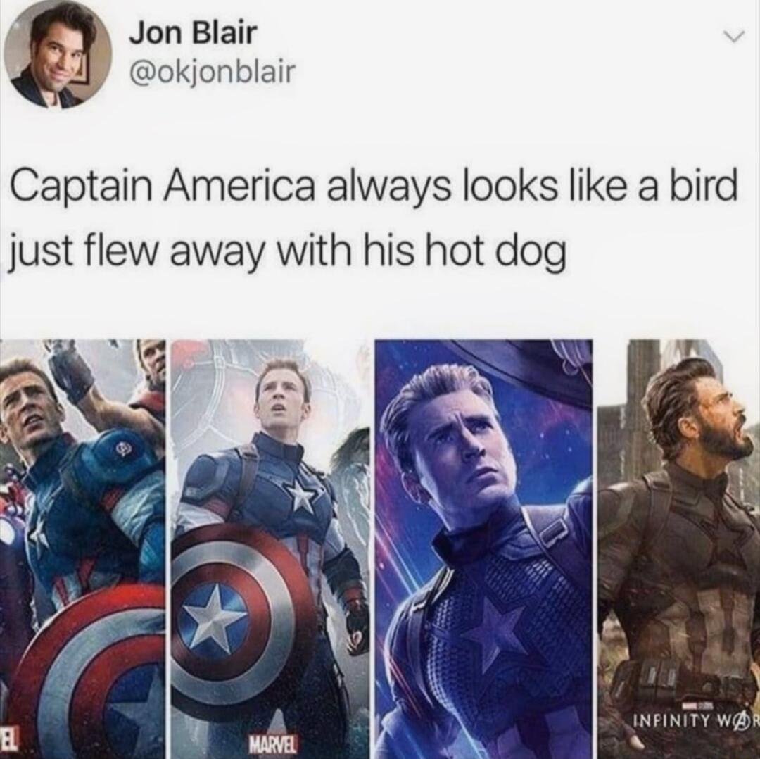 Jon Blair y okjonblair Captain America always looks like a bird just flew away with his hot dog