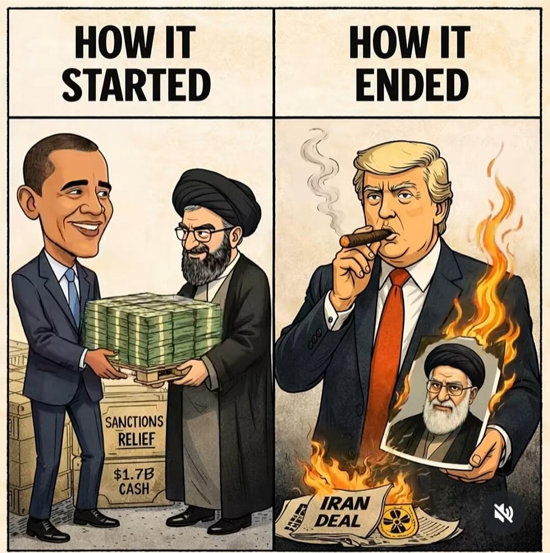 HOW IT STARTED: Barack Obama is shown smiling, handing stacks of cash labeled 'SANCTIONS RELIEF' and '$1.7B CASH' to a smiling Iranian cleric. HOW IT ENDED: Donald Trump is depicted smoking a cigar, holding a burning picture of the Iranian cleric, with a document labeled 'IRAN DEAL' burning at his feet.