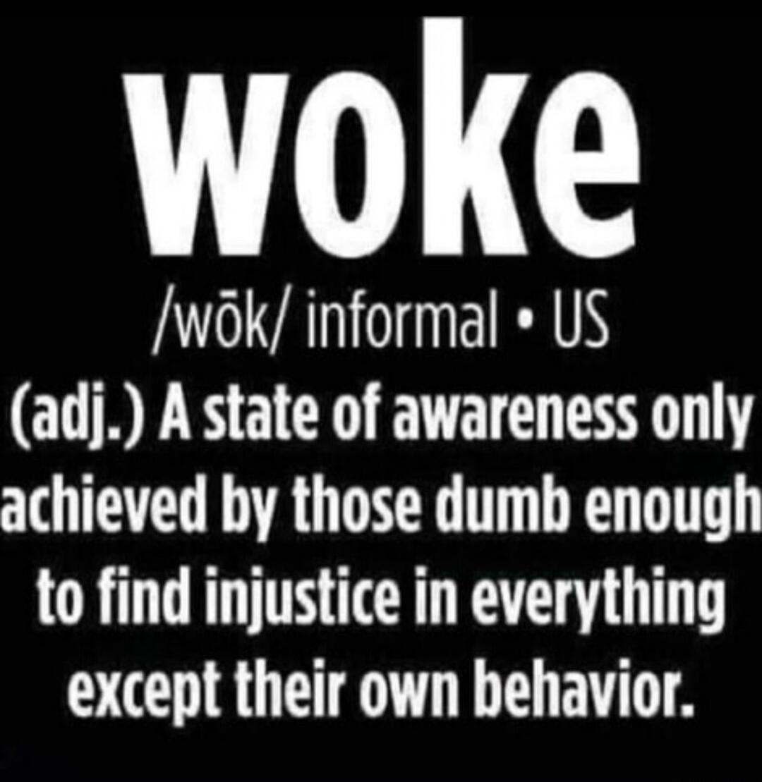WOKE /wōk/ informal • US (adj.) A state of awareness only achieved by those dumb enough to find injustice in everything except their own behavior.
