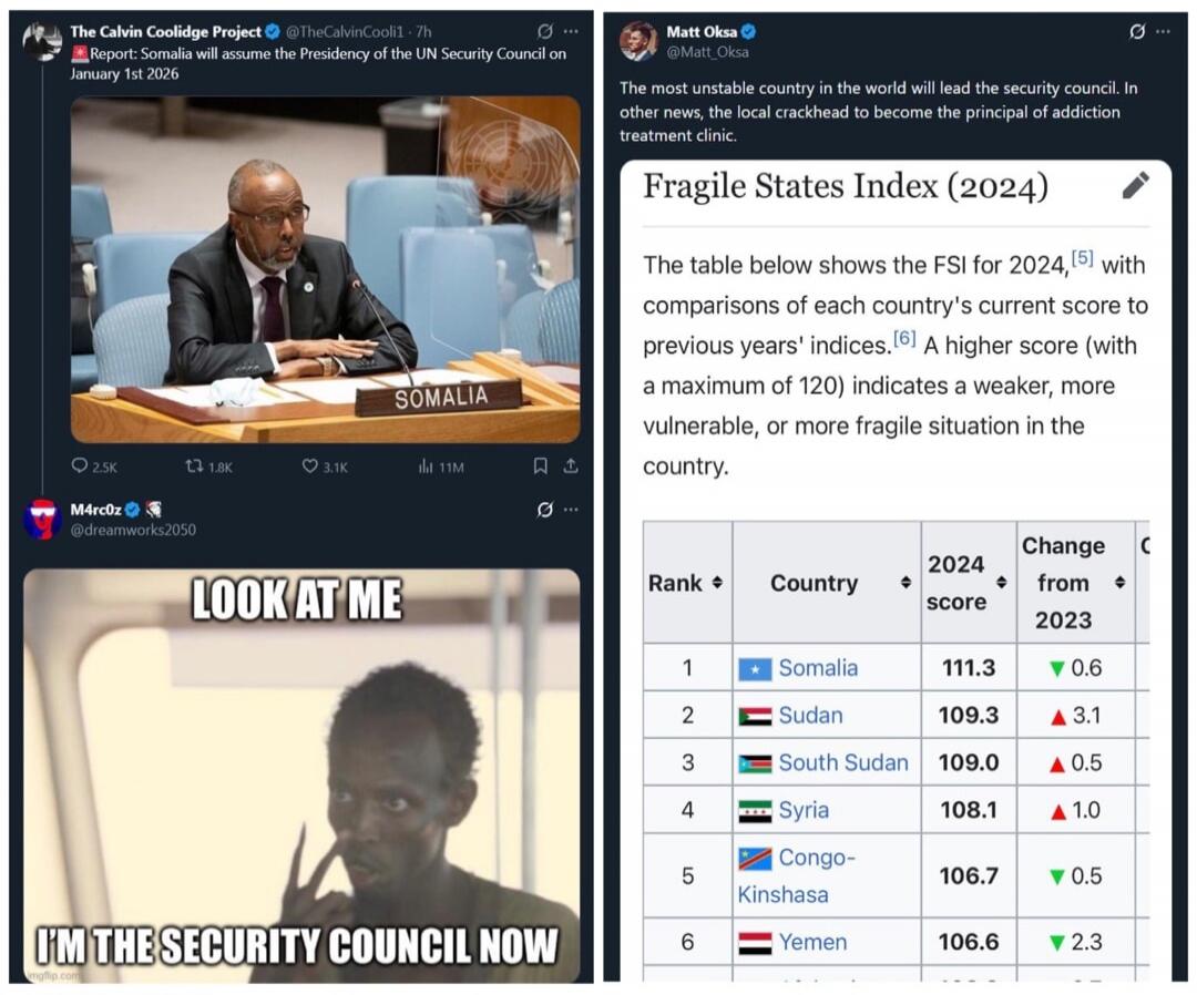 Fragile States Index (2024)
The table below shows the FSI for 2024, with comparisons of each country’s current score to previous years. The smaller or larger numbers indicate more fragile states. The meme caption reads: LOOK AT ME I'M THE SECURITY COUNCIL NOW.