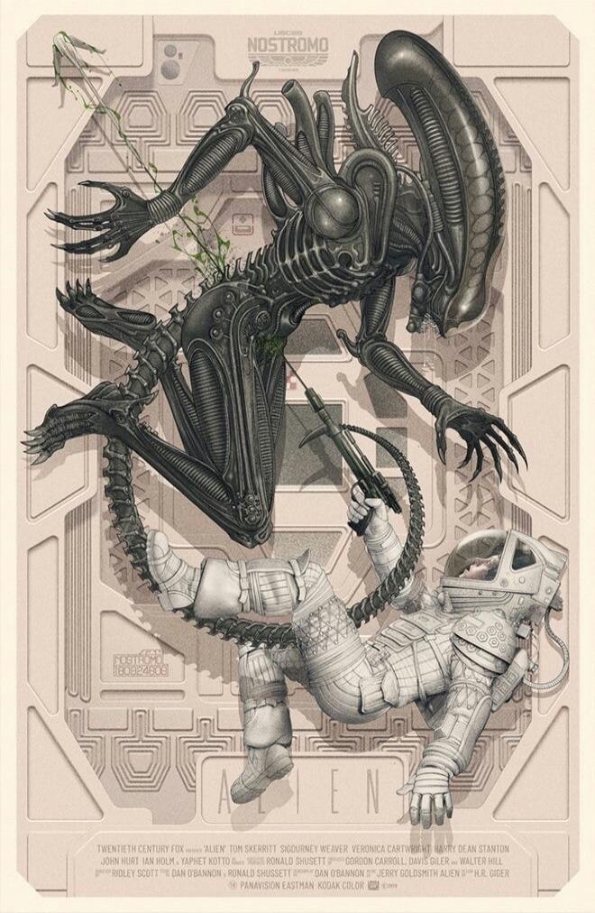 USCSS NOSTROMO ALIEN TWENTIETH CENTURY FOX TOM SKERRITT SIGOURNEY WEAVER VERONICA CARTWRIGHT HARRY DEAN STANTON JOHN HURT IAN HOLM YAPHET KOTTO RIDLEY SCOTT DAN O'BANNON RONALD SHUSETT GORDON CARROLL DAVID GILER WALTER HILL JERRY GOLDSMITH H.R. GIGER PANAVISION EASTMAN KODAK COLOR. The image depicts a Xenomorph attacking a human in a spacesuit.