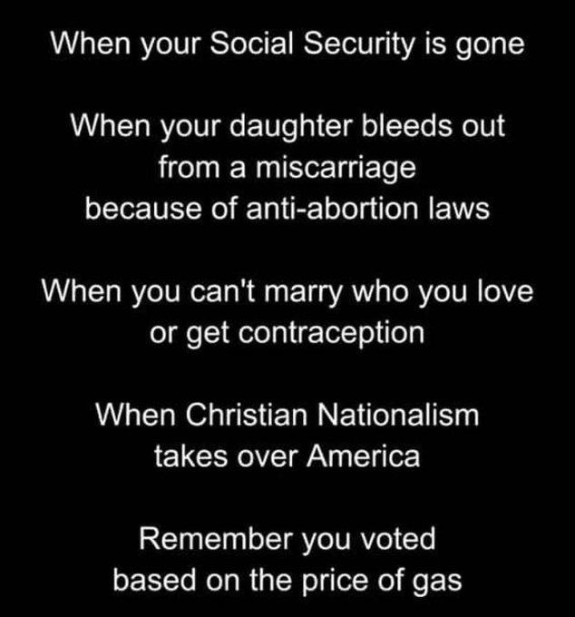When your Social Security is gone When your daughter bleeds out from a miscarriage because of anti abortion laws When you cant marry who you love or get contraception VLEL RO S ERRNETTCEE takes over America Remember you voted based on the price of gas