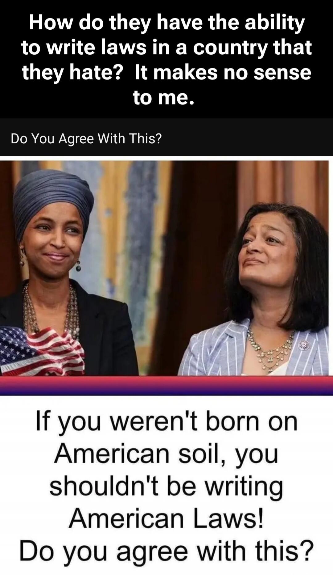 How do they have the ability to write laws in a country that they hate? It makes no sense to me. Do You Agree With This? If you weren't born on American soil, you shouldn't be writing American Laws! Do you agree with this?