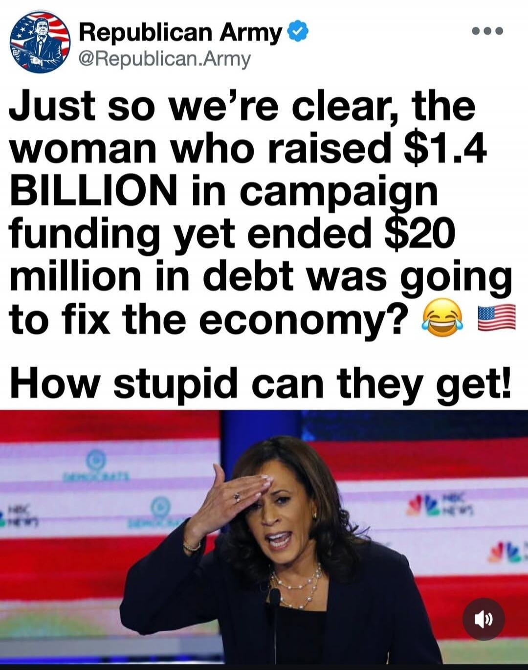 Just so we're clear, the woman who raised $1.4 BILLION in campaign funding yet ended $20 million in debt was going to fix the economy? 😂🇺🇸 How stupid can they get!