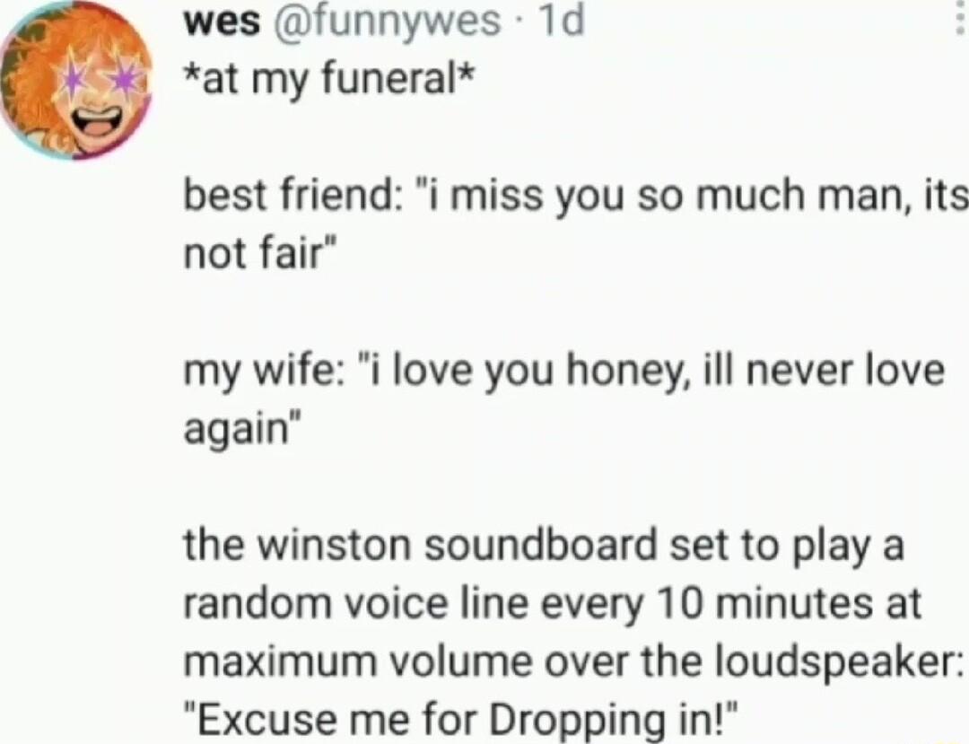 wes funnywes 1d at my funeral best friend i miss you so much man its not fair my wife i love you honey ill never love again the winston soundboard set to play a random voice line every 10 minutes at maximum volume over the loudspeaker Excuse me for Dropping i