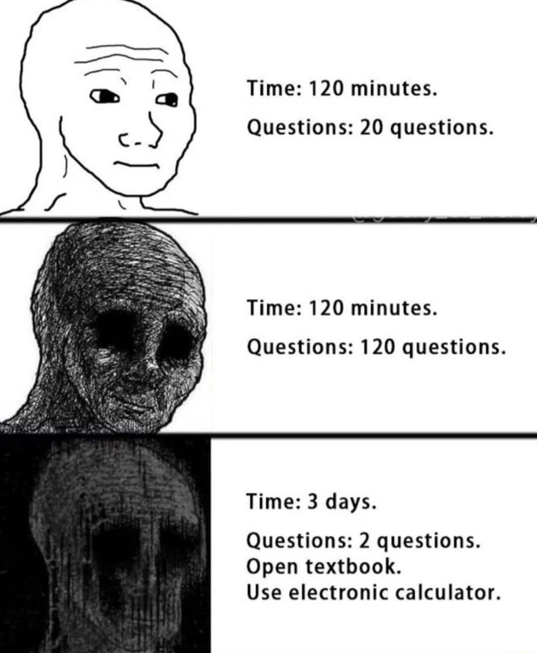 Time 120 minutes Questions 20 questions Time 120 minutes Questions 120 questions Time 3 days Questions 2 questions Open textbook Use electronic calculator