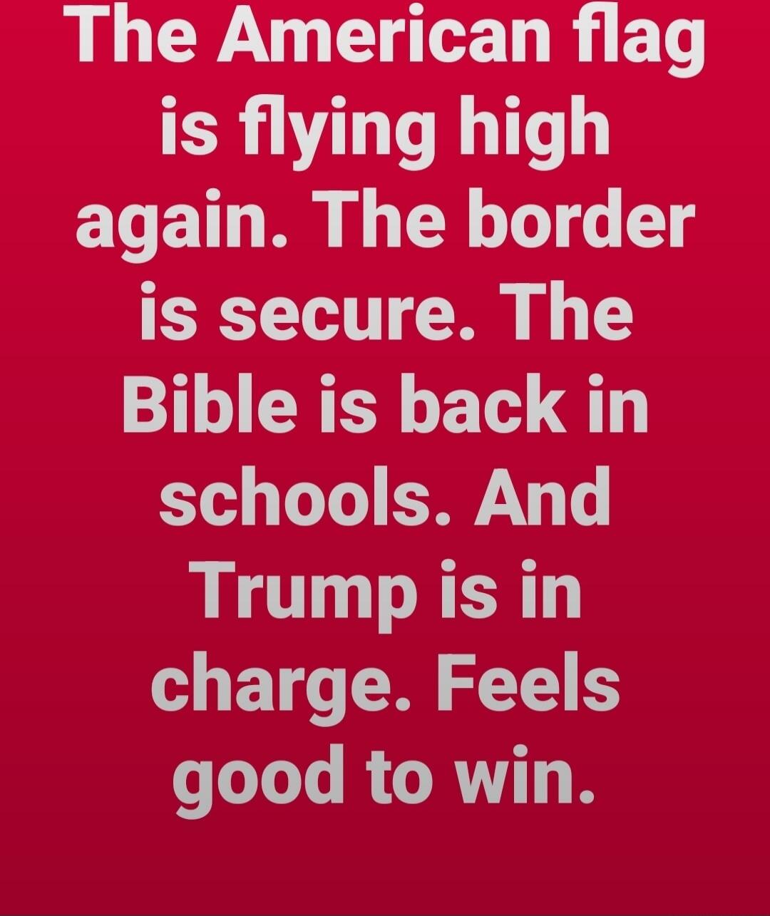 The American flag is flying high again. The border is secure. The Bible is back in schools. And Trump is in charge. Feels good to win.