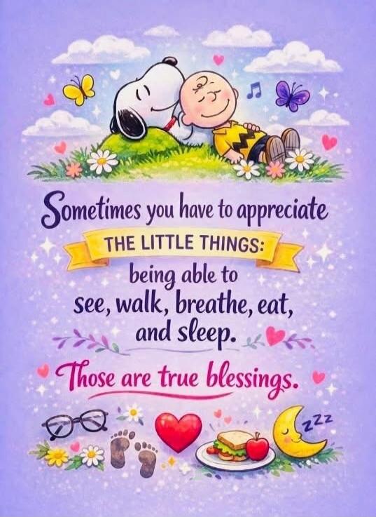 Sometimes you have to appreciate THE LITTLE THINGS: being able to see, walk, breathe, eat, and sleep. Those are true blessings.