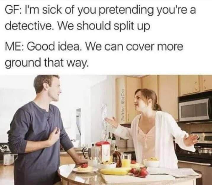 GF Im sick of you pretending youre a detective We should split up ME Good idea We can cover more ground that way