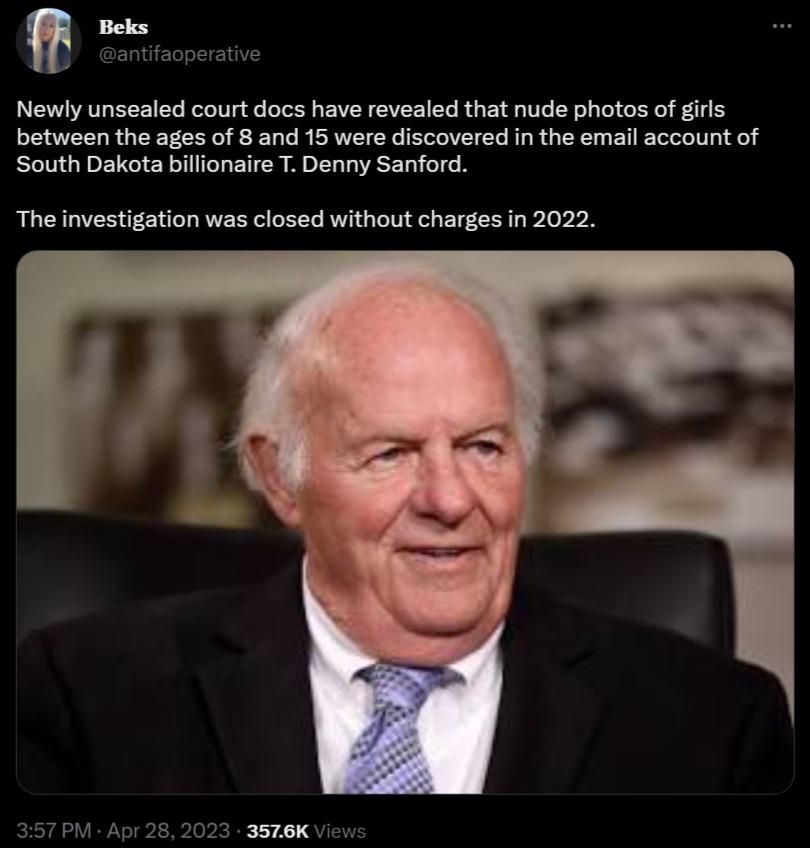 Newly unsealed court docs have revealed that nude photos of girls between the ages of 8 and 15 were discovered in the email account of South Dakota billionaire T Denny Sanford The investigation was closed without charges in 2022 2003 3578K Vicwe