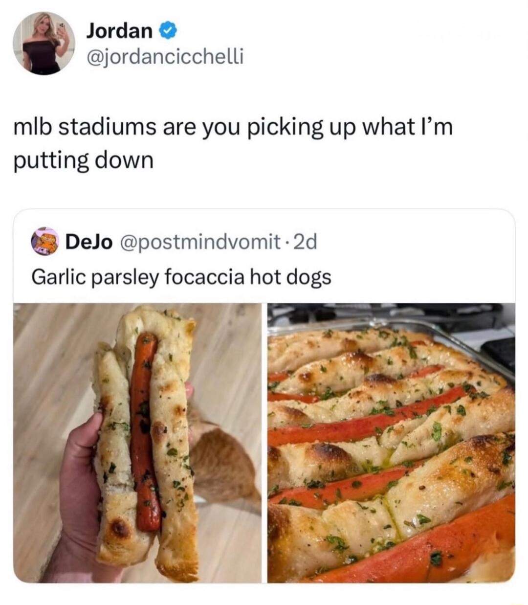 mlb stadiums are you picking up what I’m putting down
Garlic parsley focaccia hot dogs
