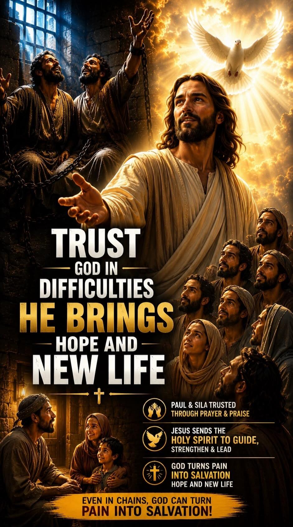 TRUST GOD IN DIFFICULTIES HE BRINGS HOPE AND NEW LIFE PAUL & SILA TRUSTED THROUGH PRAYER & PRAISE JESUS SENDS THE HOLY SPIRIT TO GUIDE, STRENGTHEN & LEAD GOD TURNS PAIN INTO SALVATION HOPE AND NEW LIFE EVEN IN CHAINS, GOD CAN TURN PAIN INTO SALVATION!