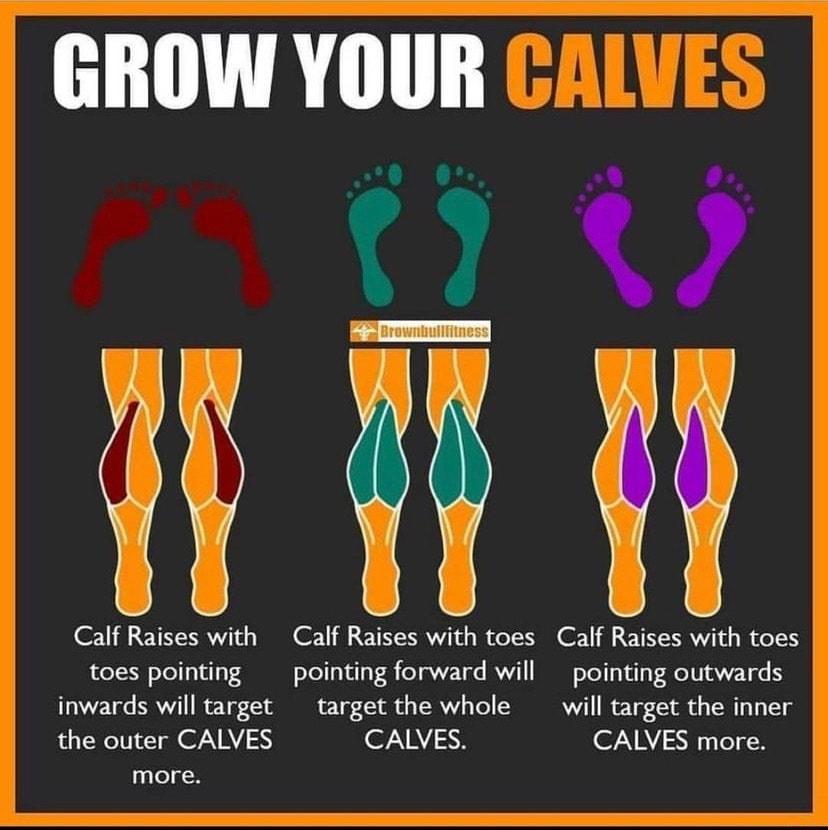 GROW YOUR CALVES 9 Calf Raises with Calf Raises with toes Calf Raises with toes toes pointing pointing forward will pointing outwards inwards will target target the whole will target the inner the outer CALVES CALVES CALVES more more