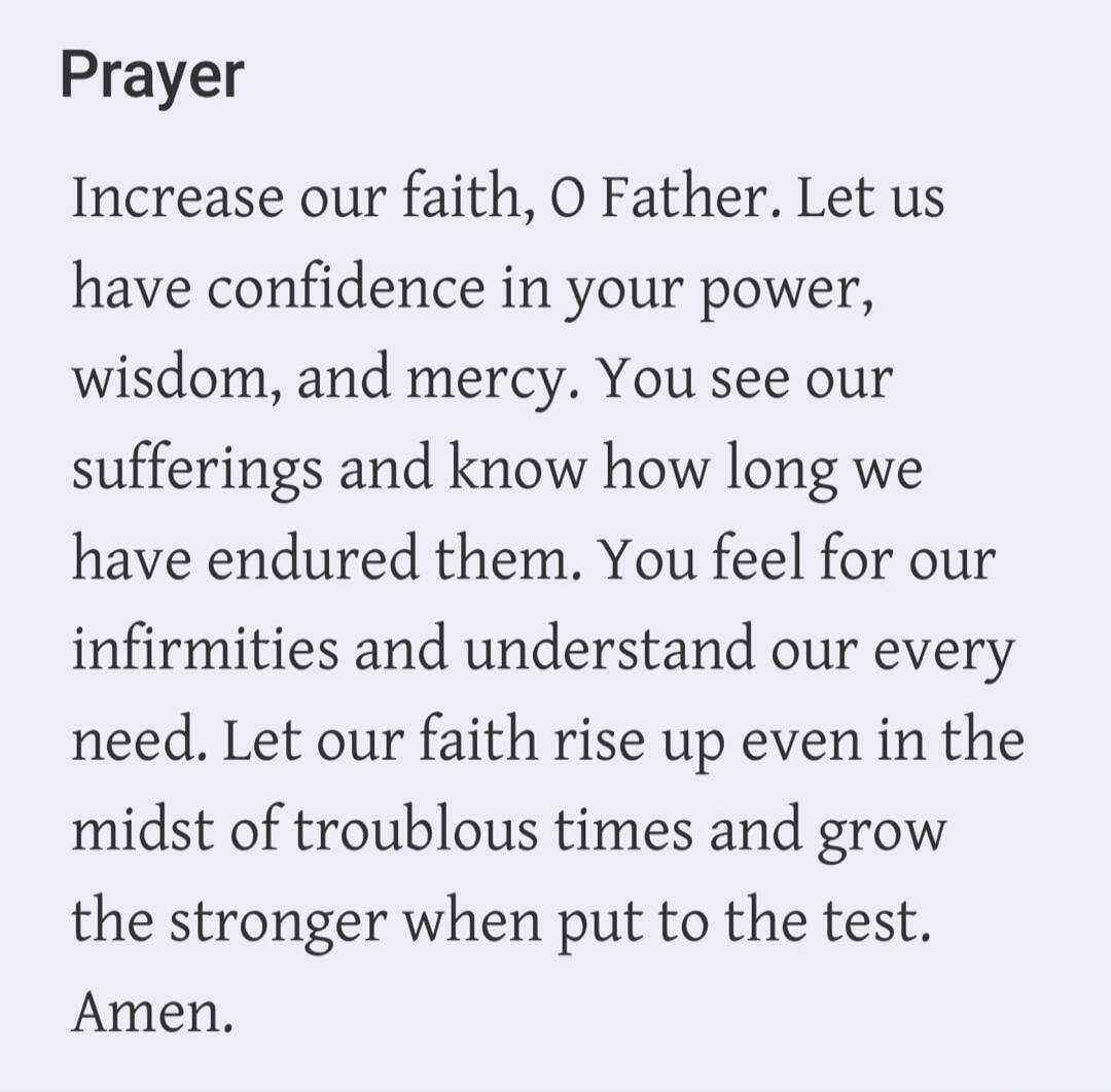 Prayer Increase our faith, O Father. Let us have confidence in your power, wisdom, and mercy. You see our sufferings and know how long we have endured them. You feel for our infirmities and understand our every need. Let our faith rise up even in the midst of troublous times and grow the stronger when put to the test. Amen.