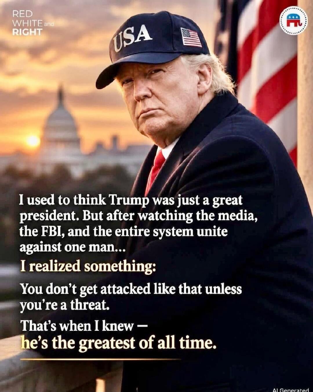 RED WHITE and RIGHT USA I used to think Trump was just a great president. But after watching the media, the FBI, and the entire system unite against one man... I realized something: You don't get attacked like that unless you're a threat. That's when I knew — he's the greatest of all time. AI Generated