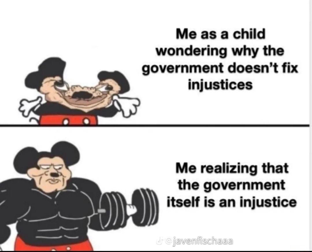 Me as a child wondering why the government doesnt fix injustices Me realizing that the government itself is an injustice