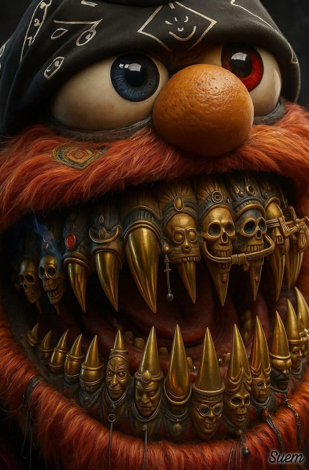 Close-up image of a furry orange monster puppet with large blue and red eyes, a big orange nose, wearing a black bandana, and an extensive row of metal teeth and skulls.