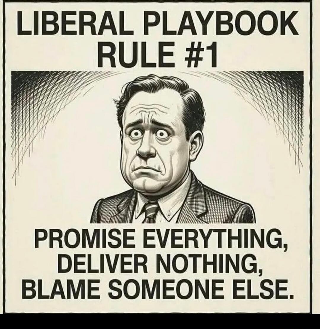 LIBERAL PLAYBOOK RULE #1
PROMISE EVERYTHING, DELIVER NOTHING, BLAME SOMEONE ELSE.