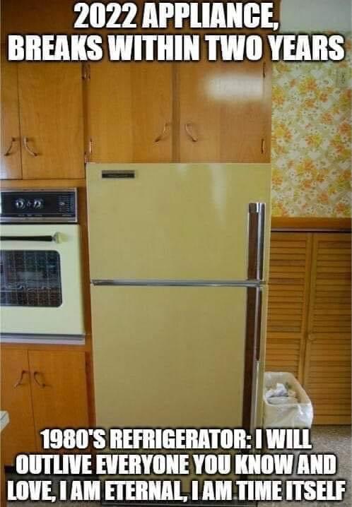 2022 APPLIANCE S BREAKS WITHIN TWO YEAIIS 1980S REFRIGERATOR WILL 1 OUTLIVE EVERYONE YOU KNOWAND LOVE AM ETERNAL IIHIIHEITSEIF