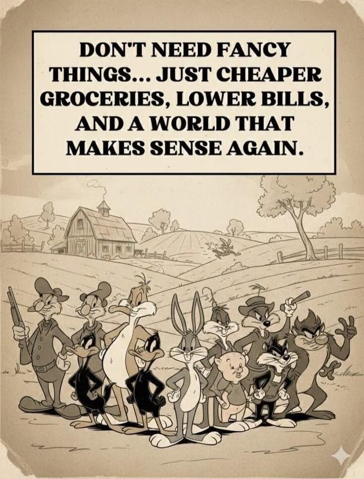 DON'T NEED FANCY THINGS... JUST CHEAPER GROCERIES, LOWER BILLS, AND A WORLD THAT MAKES SENSE AGAIN.