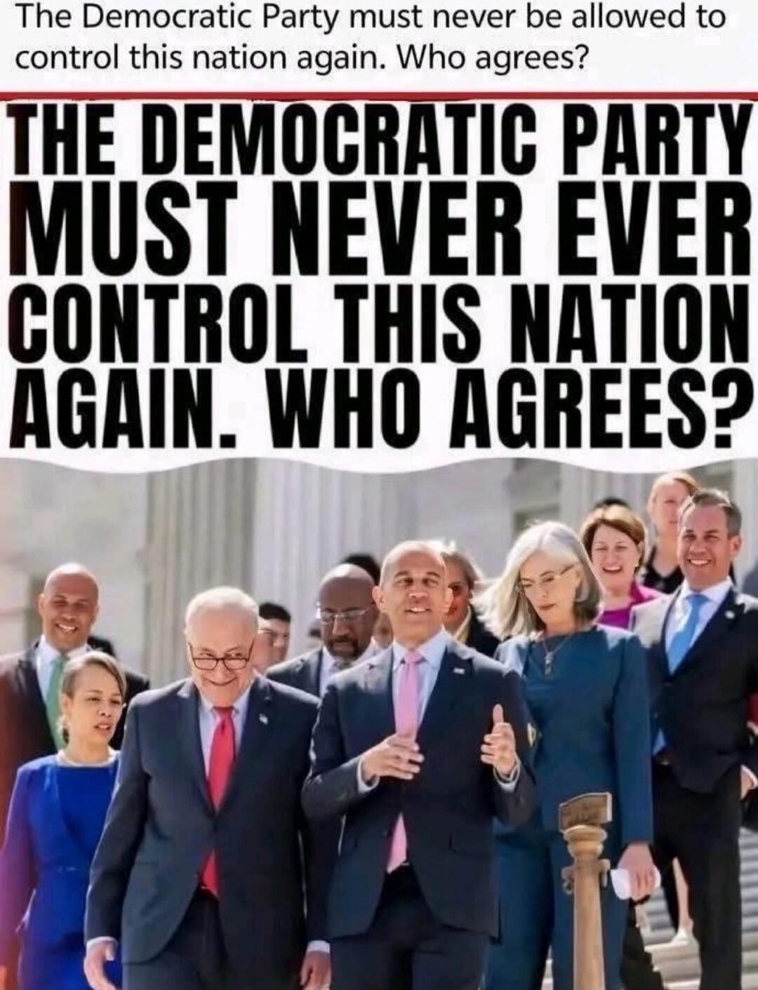 The Democratic Party must never be allowed to control this nation again. Who agrees? THE DEMOCRATIC PARTY MUST NEVER EVER CONTROL THIS NATION AGAIN. WHO AGREES?