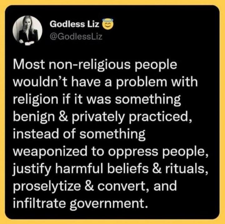 Godless Liz o GodlessLiz eI i T s B P I R oTYoT o wouldnt have a problem with religion if it was something benign privately practiced instead of something weaponized to oppress people justify harmful beliefs rituals proselytize convert and infiltrate government