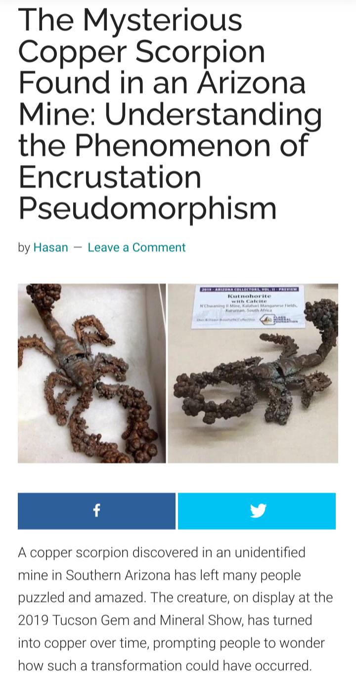 The Mysterious Copper Scorpion Found in an Arizona Mine Understanding the Phenomenon of Encrustation Pseudomorphism by Hasan Leave a Comment A copper scorpion discovered in an unidentified mine in Southern Arizona has left many people puzzled and amazed The creature on display at the 2019 Tucson Gem and Mineral Show has turned into copper over time prompting people to wonder how such a transformat