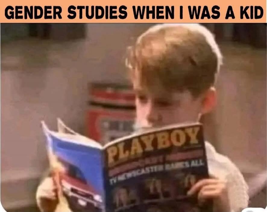 GENDER STUDIES WHEN I WAS A KID. A young boy is shown reading a Playboy magazine.