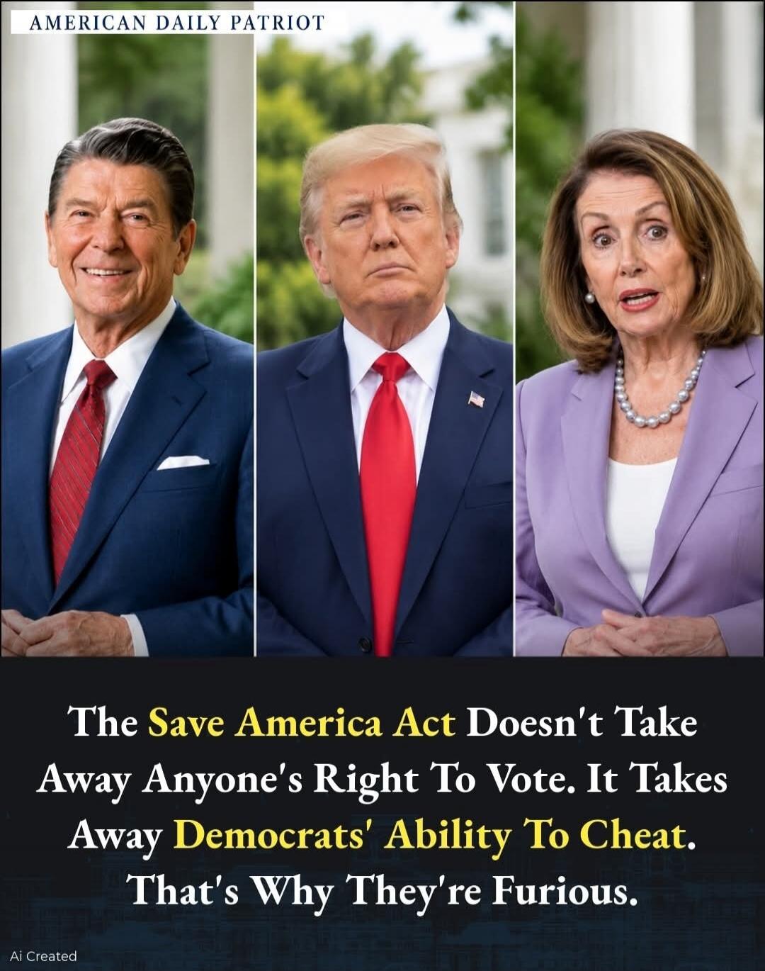 AMERICAN DAILY PATRIOT The Save America Act Doesn't Take Away Anyone's Right To Vote. It Takes Away Democrats' Ability To Cheat. That's Why They're Furious. AI Created