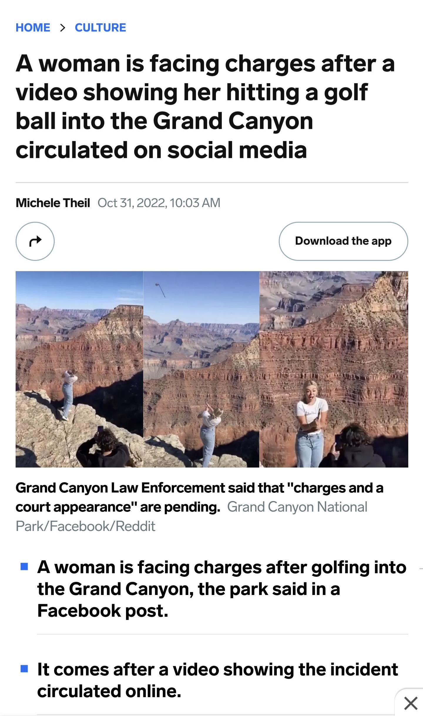 Q INSIDER E CULTUR A woman is facing charges after a video showing her hitting a golf ball into the Grand Canyon circulated on social media Michele Theil Oct 5120221003 AM 2 Download the app Grand Canyon Law Enforcement said that charges and a court appearance are pending Grand Canyon National ParkFacebookReddit A woman is facing charges after golfing into the Grand Canyon the park said ina Facebo