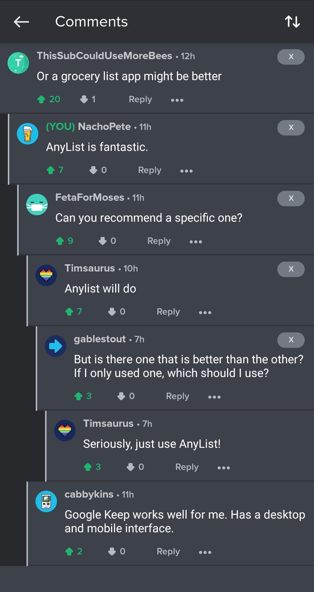 Comments N ThisSubCouldUseMoreBees 12h X Or a grocery list app might be better 20 1 Reply eee YOU NachoPete 11h X AnyList is fantastic 7 0 Reply YY FetaForMoses 11h X Can you recommend a specific one g 0 Reply eoe Timsaurus 10h X L Anylist will do 7 0 Reply eoe gablestout 7h X But is there one that is better than the other l WeTo1AIUTSLTo W TWRNY o Tl o Y o Lol V1 W RVISYYS 3 0 Reply YY Timsaurus 