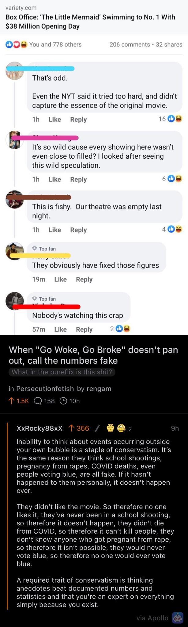 Box Office The Little Mermaid Swimming to No 1 With 38 Million Opening Day 0 You 6 con RSRITEERTID Thats odd Even the NYT said it tried too hard and didnt capture the essence of the original movie 1h Like Reply Os Its so wild cause every showing here wasnt even close to filled looked after seeing this wild speculation 1h Like Reply Os This is fishy Our theatre was empty last night h Like Reply 1 O