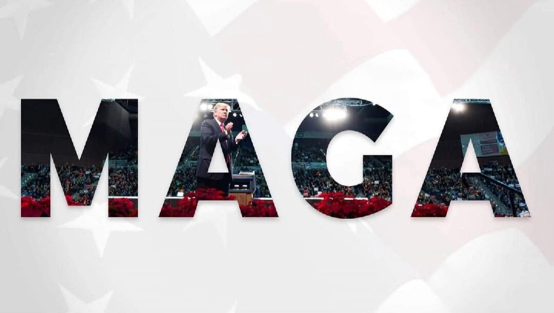 MAGA, Donald Trump speaking at a political rally to a crowd.