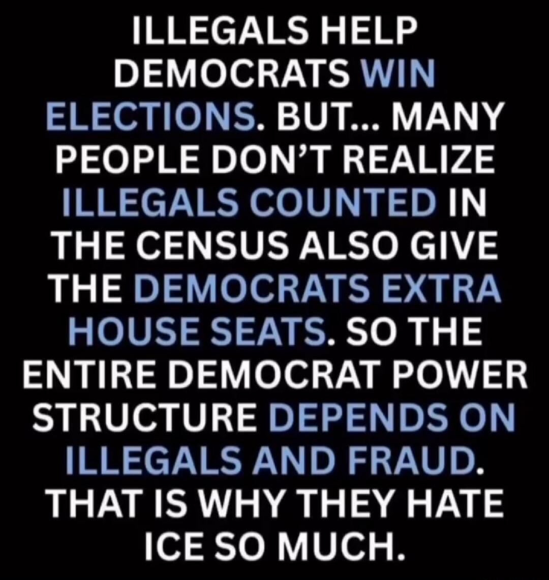ILLEGALS HELP DEMOCRATS WIN ELECTIONS. BUT... MANY PEOPLE DON'T REALIZE ILLEGALS COUNTED IN THE CENSUS ALSO GIVE THE DEMOCRATS EXTRA HOUSE SEATS. SO THE ENTIRE DEMOCRAT POWER STRUCTURE DEPENDS ON ILLEGALS AND FRAUD. THAT IS WHY THEY HATE ICE SO MUCH.