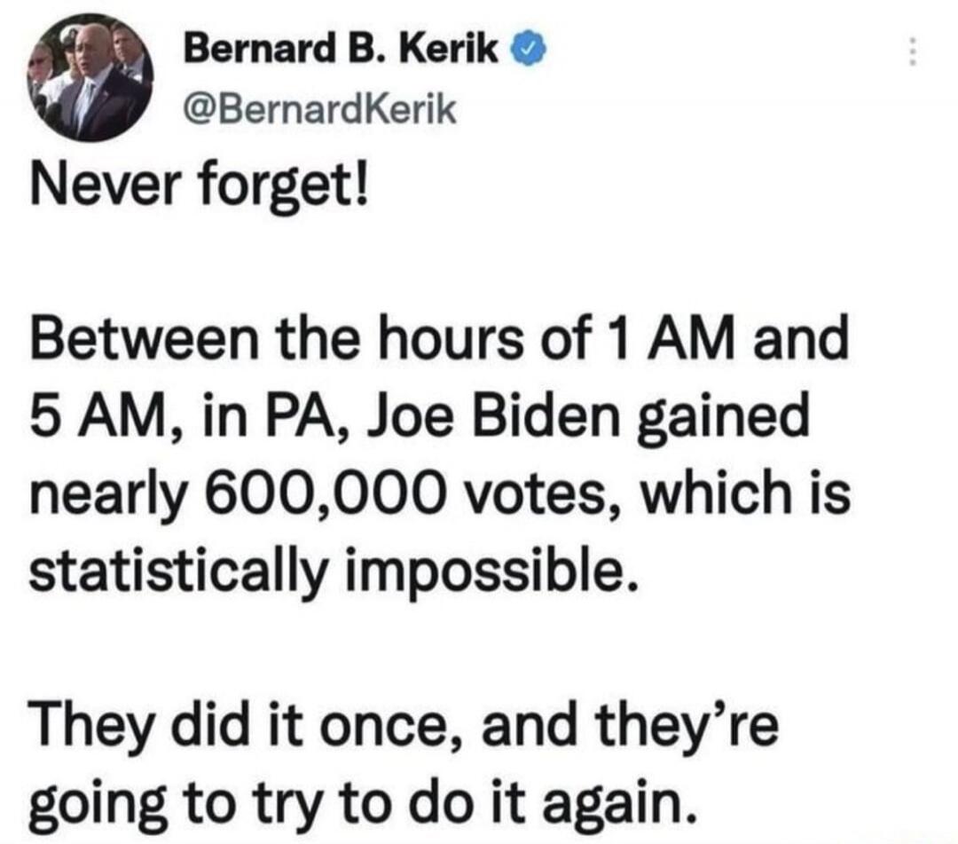 Never forget!

Between the hours of 1 AM and 5 AM, in PA, Joe Biden gained nearly 600,000 votes, which is statistically impossible.

They did it once, and they’re going to try to do it again.