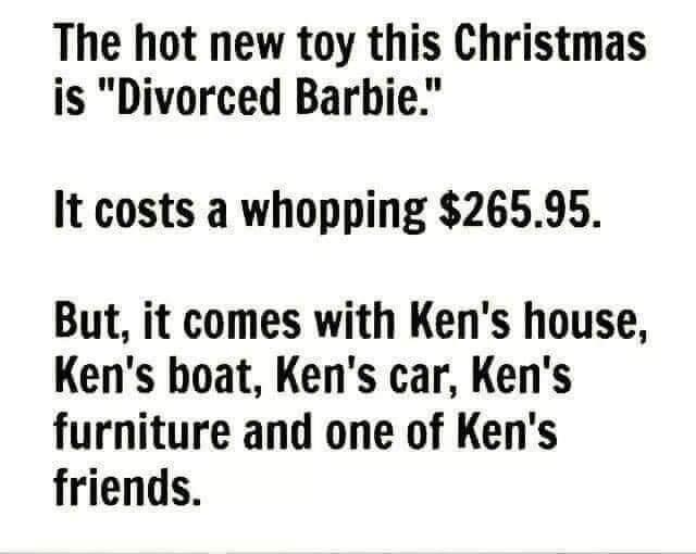 The hot new toy this Christmas is Divorced Barbie It costs a whopping 26595 But it comes with Kens house Kens hoat Kens car Kens furniture and one of Kens friends