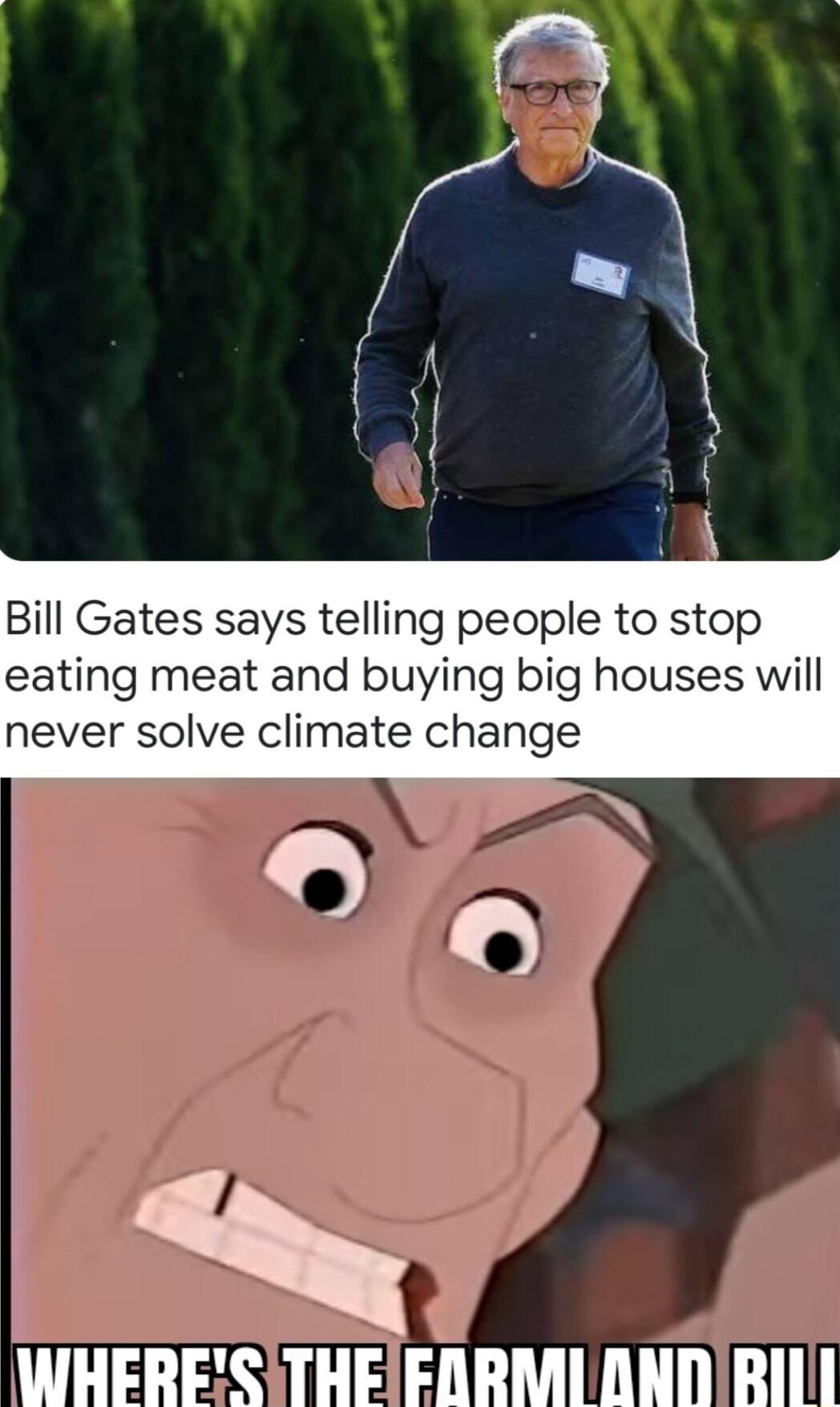 Bill Gates says telling people to stop eating meat and buying big houses will never solve climate change WHERESITHEIERRMI ONDIRII