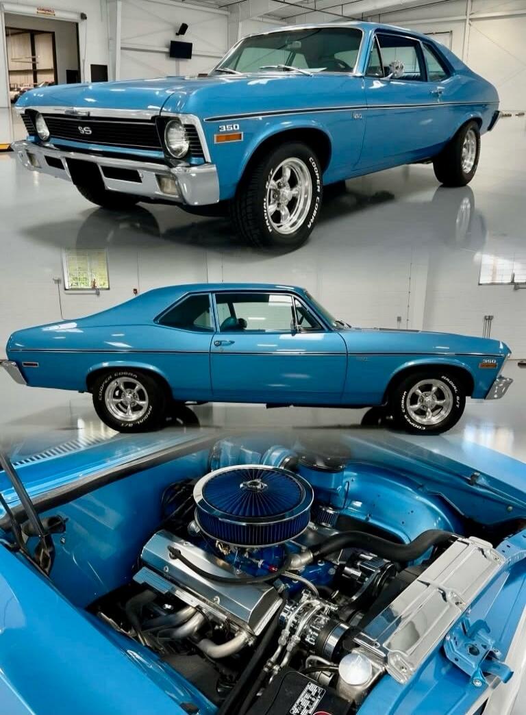 A classic light blue Chevrolet Nova SS 350, showcasing its exterior from the front and side, and a detailed view of its engine bay. The car features Cooper Cobra Radial G/T tires.