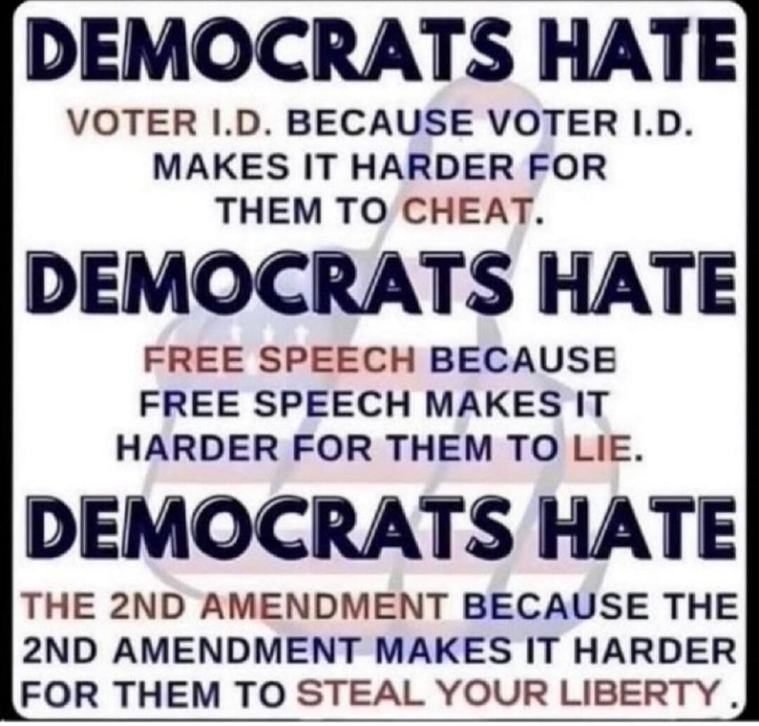 DEMOCRATS HATE VOTER ID BECAUSE VOTER ID MAKES IT HARDER FOR THEM TO CHEAT. DEMOCRATS HATE FREE SPEECH BECAUSE FREE SPEECH MAKES IT HARDER FOR THEM TO LIE. DEMOCRATS HATE THE 2ND AMENDMENT BECAUSE THE 2ND AMENDMENT MAKES IT HARDER FOR THEM TO STEAL YOUR LIBERTY.