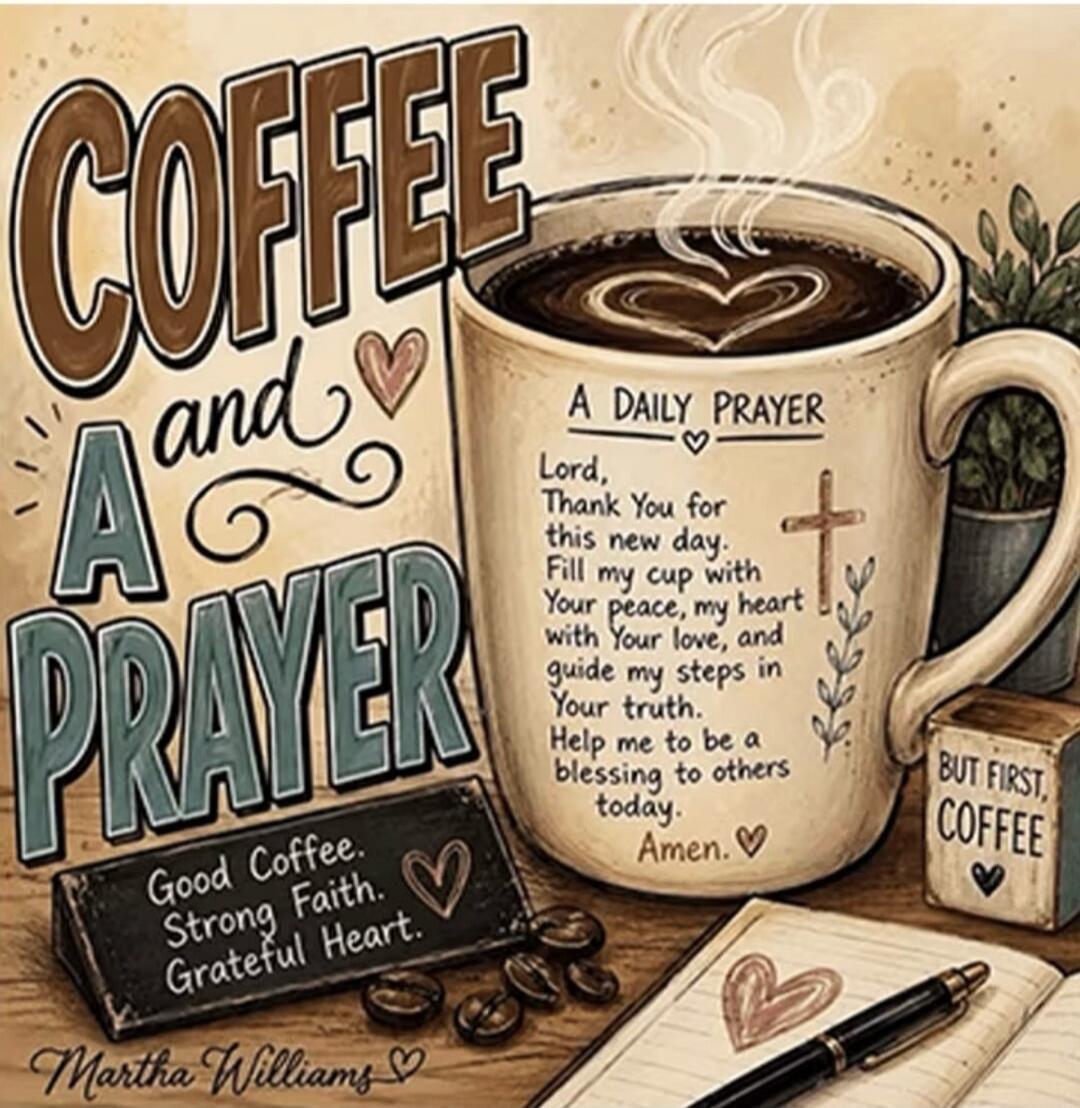 COFFEE and A PRAYER A DAILY PRAYER Lord, Thank You for this new day. Fill my cup with Your peace, my heart with Your love, and guide my steps in Your truth. Help me to be a blessing to others today. Amen. Good Coffee. Strong Faith. Grateful Heart. Martha Williams BUT FIRST, COFFEE